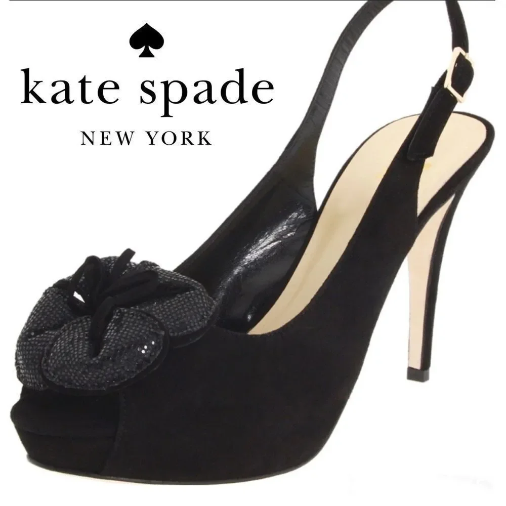 Kate Spade Gael Black Suede Slingback Platform Heels Floral Peep Toe Sz 6.5